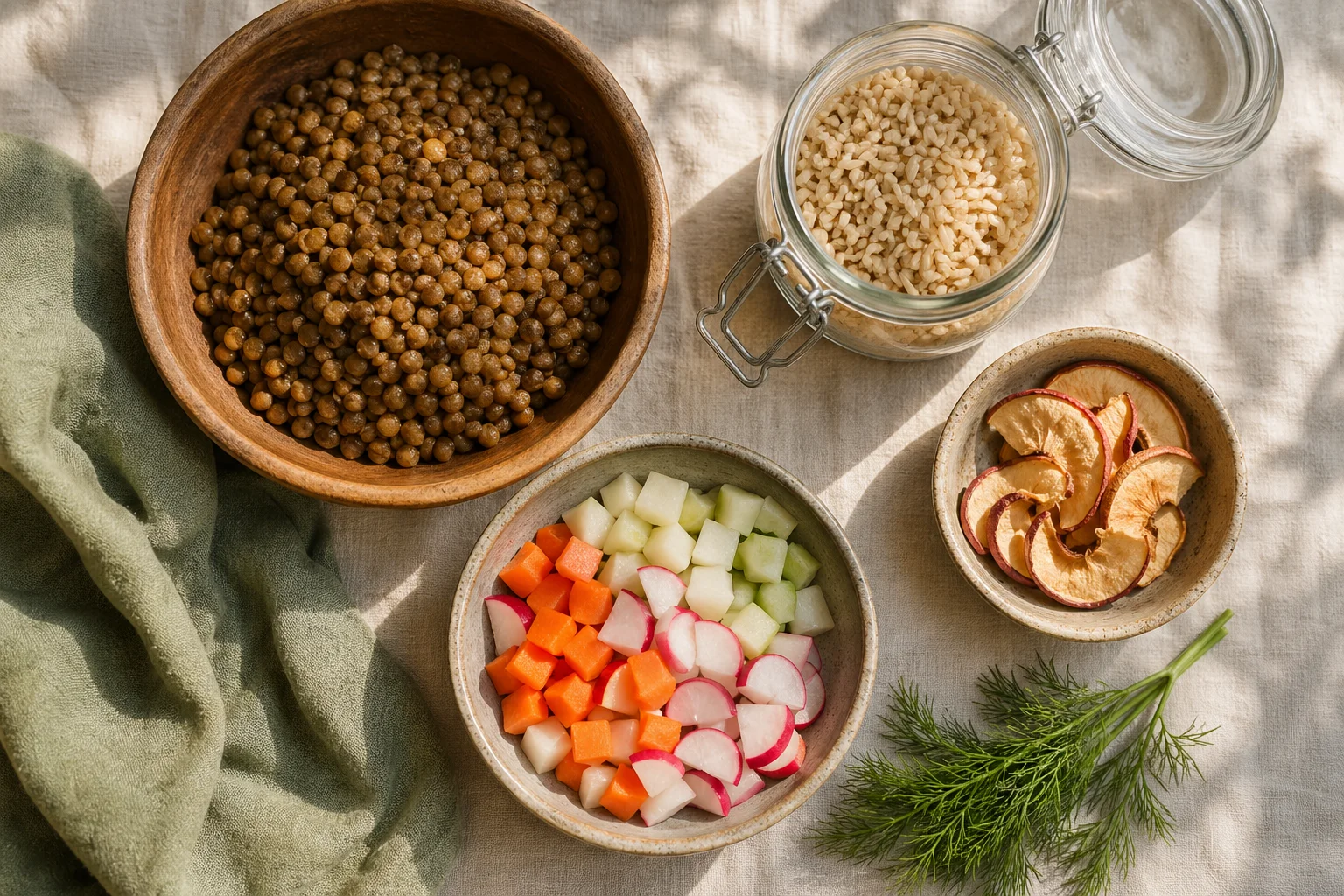 Mísa s vařenou čočkou, sklenice s rýží, čerstvá zelenina (kedluben, mrkev, ředkvičky) a čerstvý kopr — vláknina pro trávení