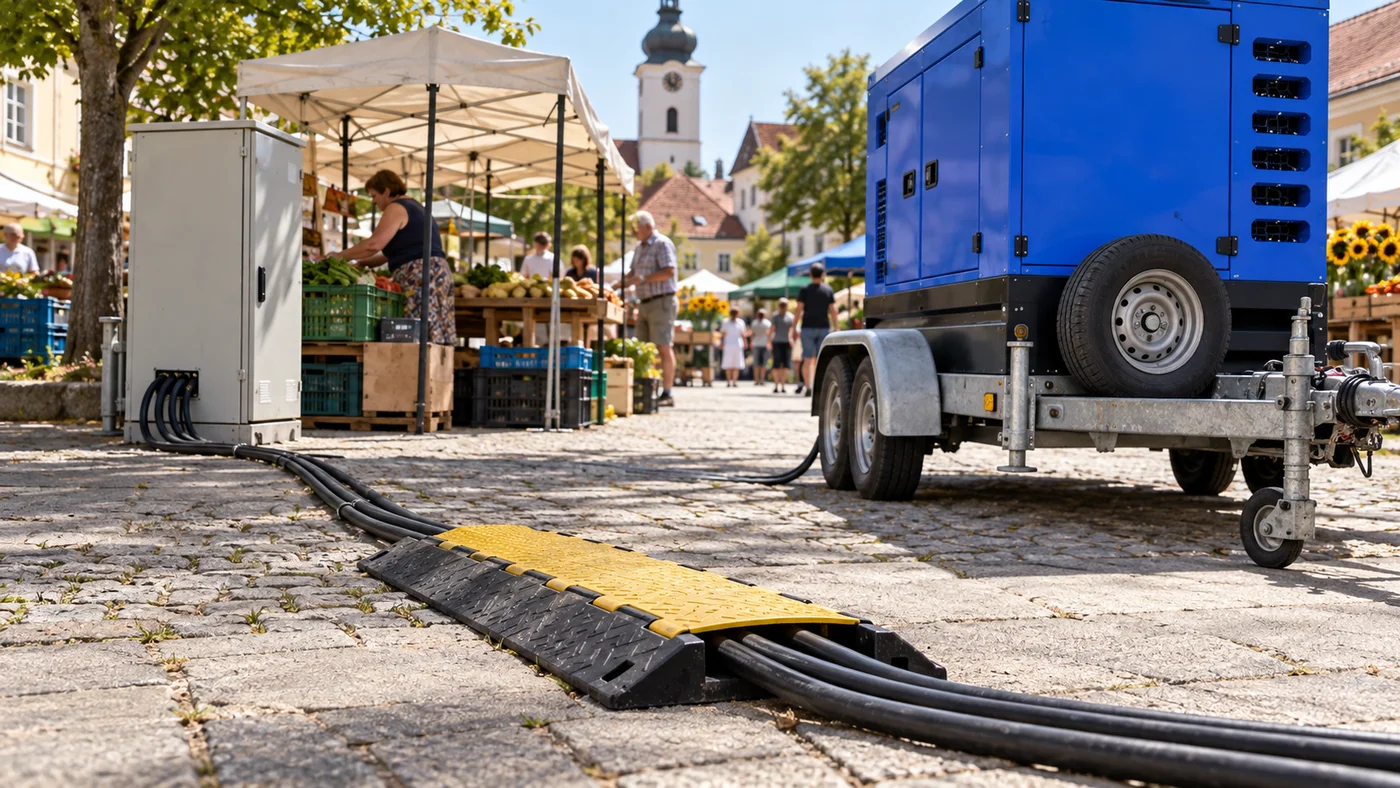 Kabelový přejezd a rozvaděč s kabely vedenými podél stánků na obecní návsi