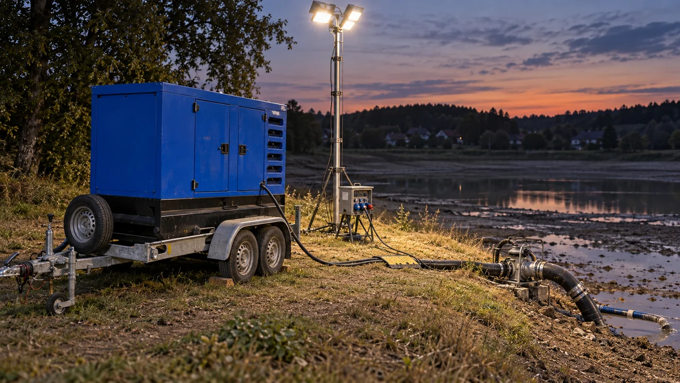 Stožár s reflektory a kabel vedený po hrázi rybníka při nočním čerpání, vedle modrá kapotovaná elektrocentrála