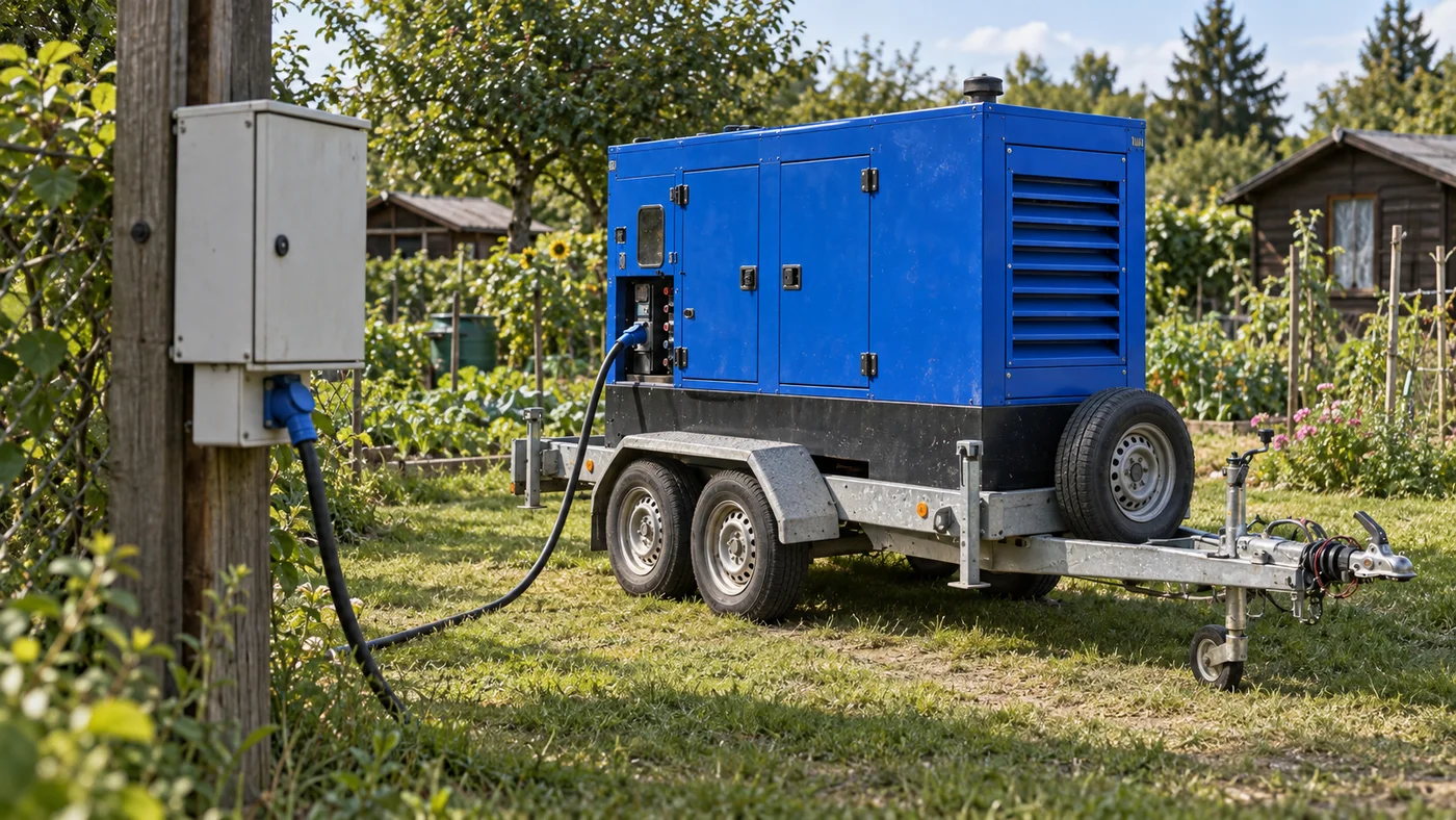 Společný rozvaděč na sloupku v zahrádkářské kolonii a k němu vedoucí kabel od modré kapotované elektrocentrály na přívěsu.