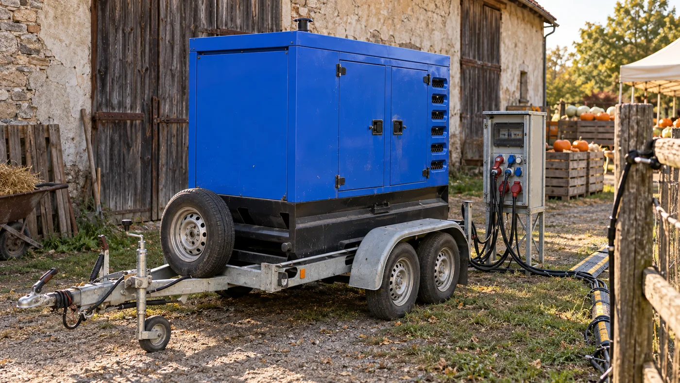 Detail modré kapotované elektrocentrály na přívěsu vedle rozvaděče, kabely vedené podél plotu farmy s dýněmi