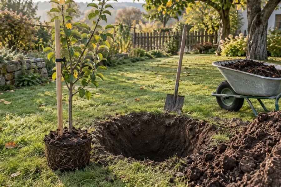 Podzimní výsadba ovocného stromu: jáma, hloubka a kůl