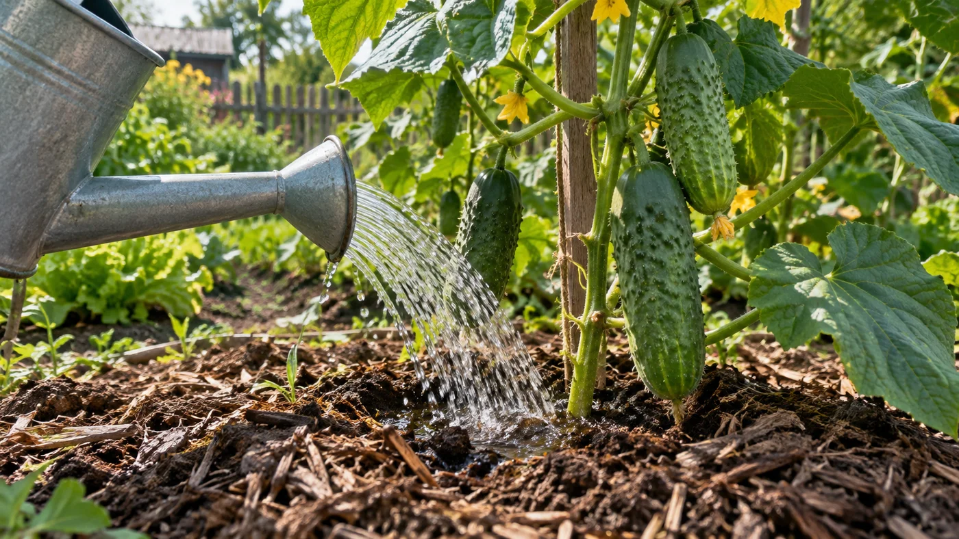 Zalévání okurek u paty rostliny konvičkou, půda pod keřem zamulčovaná kompostem