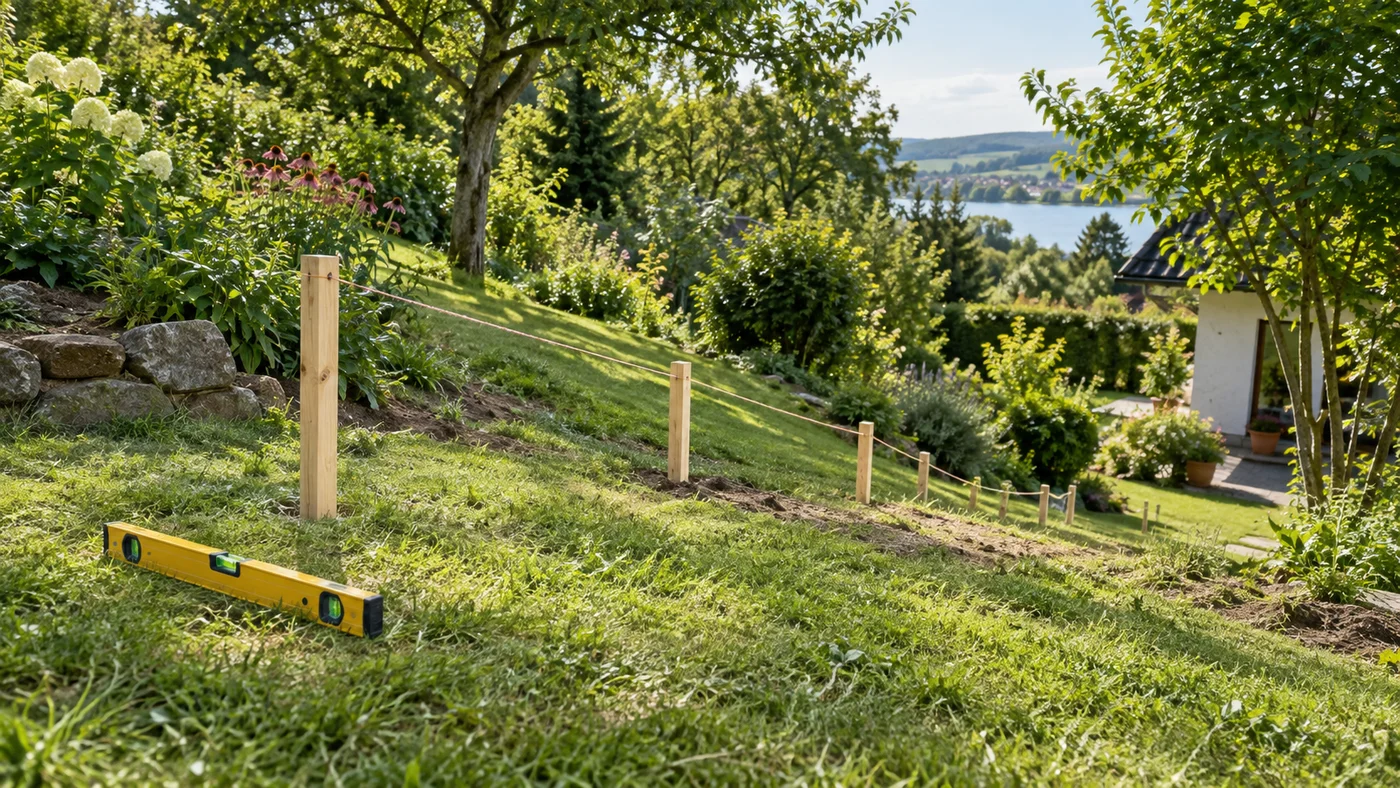 Vyměřená trasa schodů ve svahu s dřevěnými kolíky a nataženým provázkem