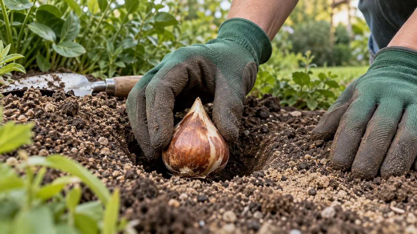 Zahradník ukládá cibule tulipánů do jámy s propustnou půdou