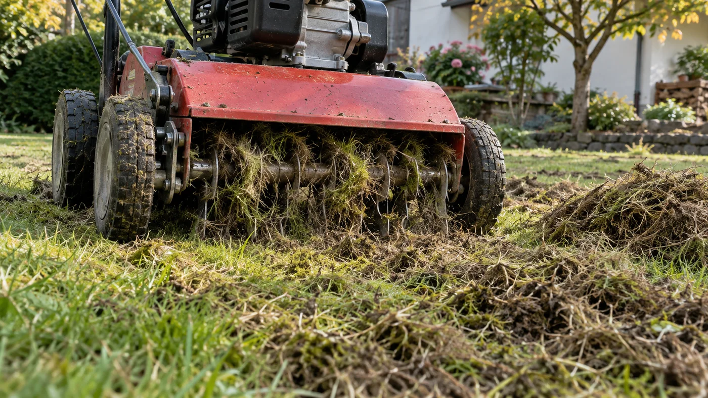 Vertikutátor pojíždí po trávníku a vyčesává odumřelou trávu a mech