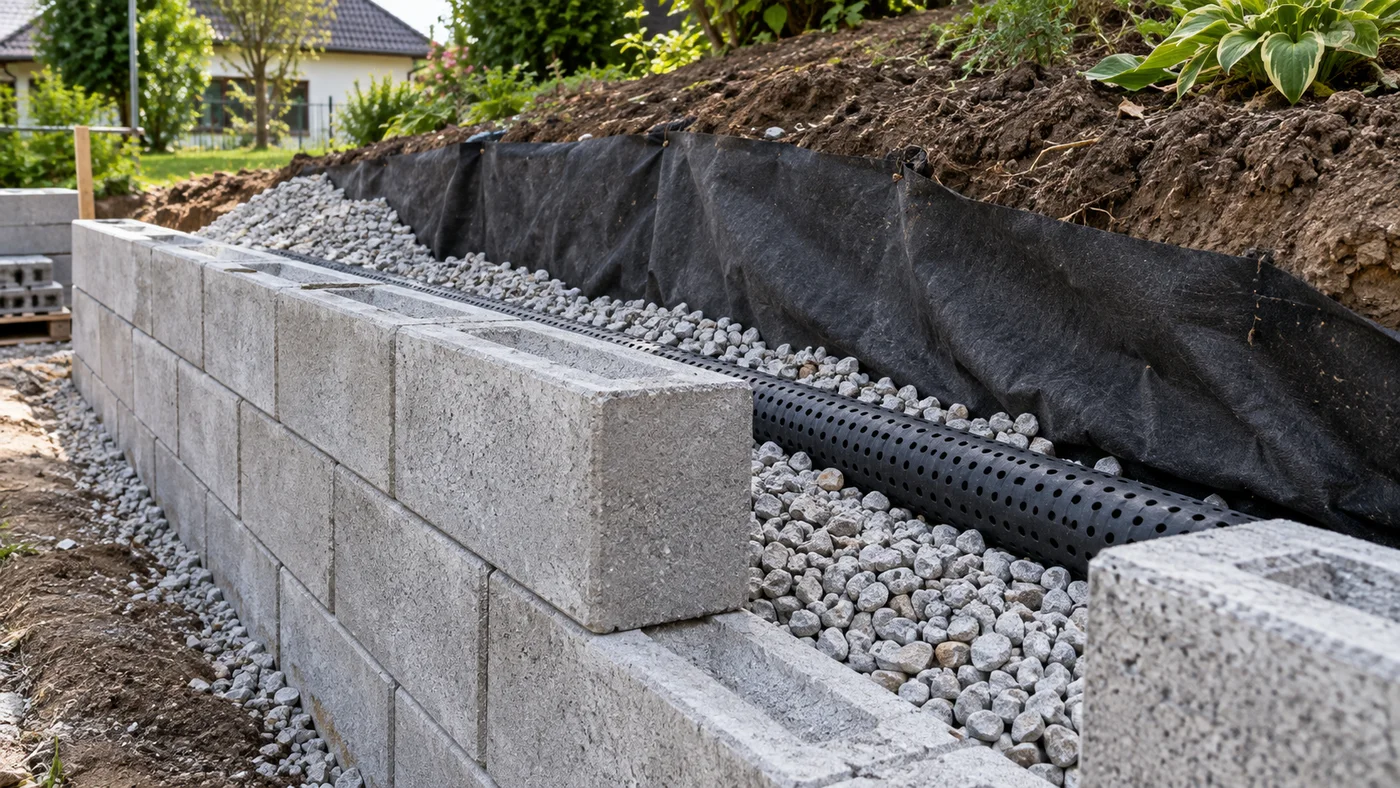Opěrná zídka z betonových tvárnic při stavbě, za ní štěrk, drenážní trubka a geotextilie