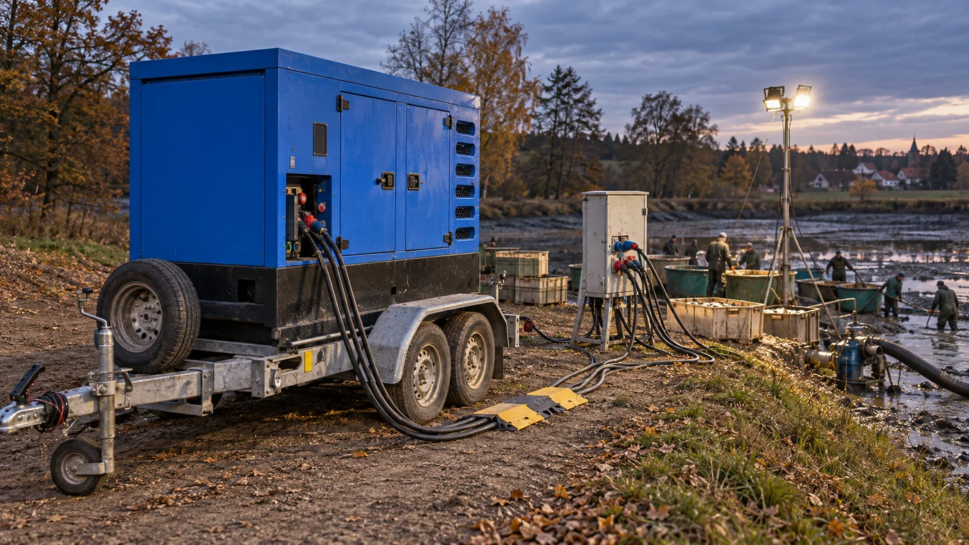 Modrá elektrocentrála na přívěsu vedle kádiště, kabel k osvětlení a čerpadlu u vypuštěného rybníka