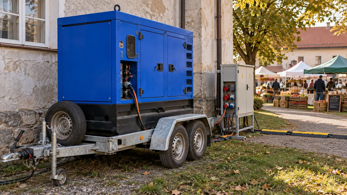 Modrá kapotovaná elektrocentrála na přívěsu u zdi kulturního domu, od rozvaděče vede krytý kabel ke stánkům na dvoře.